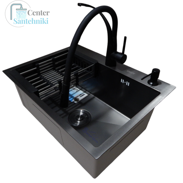 Комплект кухонной мойки Kraft NANO BLACK PVD HS60*45 (3.0/1.0 мм) декор CS25305 фото
