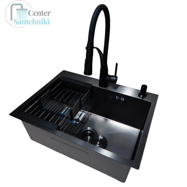 Комплект кухонной мойки Kraft NANO BLACK PVD HS60*45 (3.0/1.0 мм) декор CS25305 фото