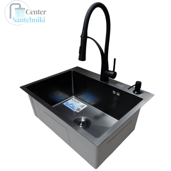 Комплект кухонной мойки Kraft NANO BLACK PVD HS60*45 (3.0/1.0 мм) декор CS25305 фото